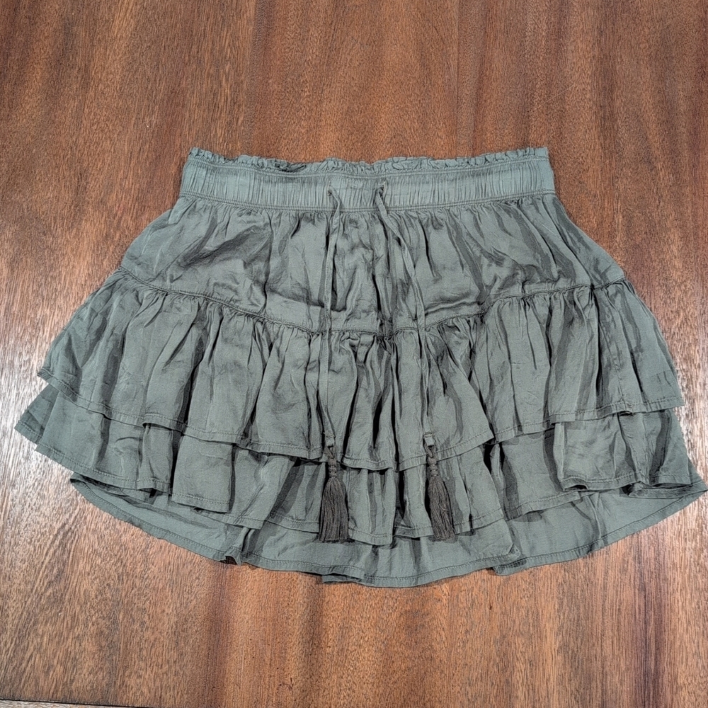 aerie Olive Tiered Ruffle Mini Skirt with Tassel Drawstring